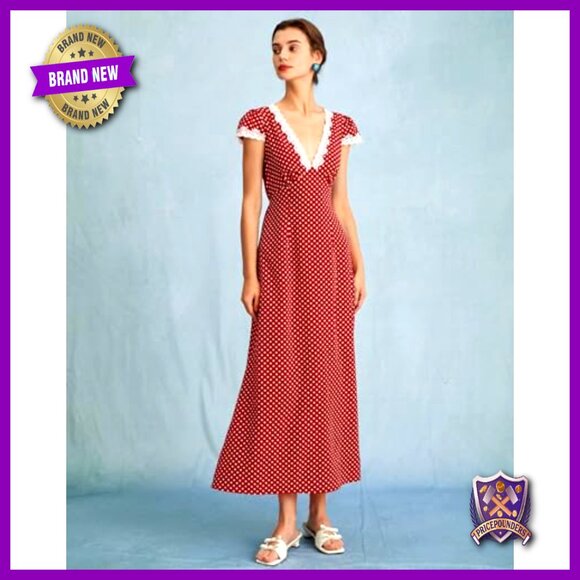 Polka Dot Lace Dress Elegant Summer Party Wear Deep V Neck Chic - Picture 3 of 7